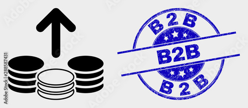 Vector spend coins icon and B2B seal stamp. Red rounded scratched seal stamp with B2B caption. Vector composition in flat style. Black isolated spend coins symbol.