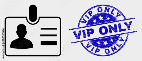 Vector user id badge pictogram and Vip Only seal stamp. Red round textured seal stamp with Vip Only text. Vector composition in flat style. Black isolated user id badge pictogram.