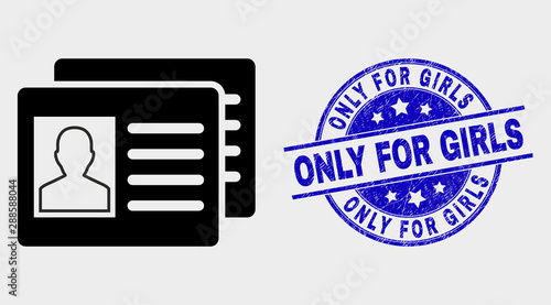 Vector user id cards icon and Only for Girls seal. Red round distress seal with Only for Girls caption. Vector combination in flat style. Black isolated user id cards icon.