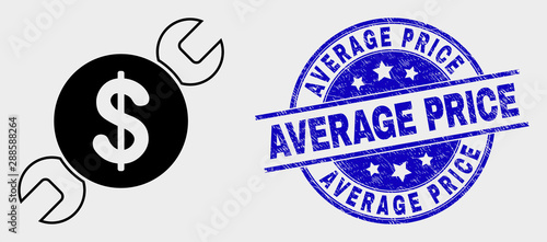 Vector wrench repair price icon and Average Price seal stamp. Red round textured seal stamp with Average Price caption. Vector composition in flat style. Black isolated wrench repair price icon.