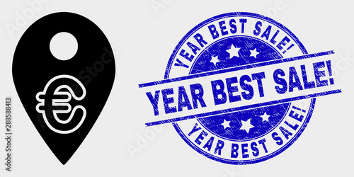 Vector euro map marker icon and Year Best Sale! seal stamp. Red rounded grunge stamp with Year Best Sale! caption. Vector combination in flat style. Black isolated euro map marker icon.