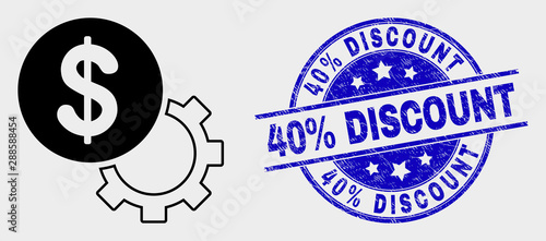Vector financial options gear pictogram and 40% Discount seal stamp. Red round grunge seal stamp with 40% Discount text. Vector composition in flat style. Black isolated financial options gear icon.