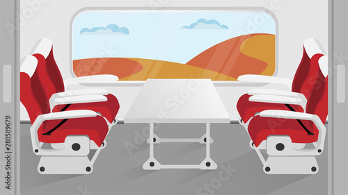 Seat passenger in train see mountain view from window. Vector illustration in flat style.