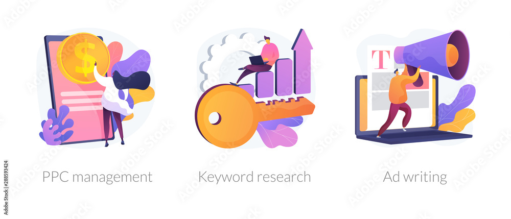 Content marketing and SEO copywriting flat icons set. Internet advertising and blogging. PPC management, Keyword research, Ad writing metaphors. Vector isolated concept metaphor illustrations - obrazy, fototapety, plakaty 