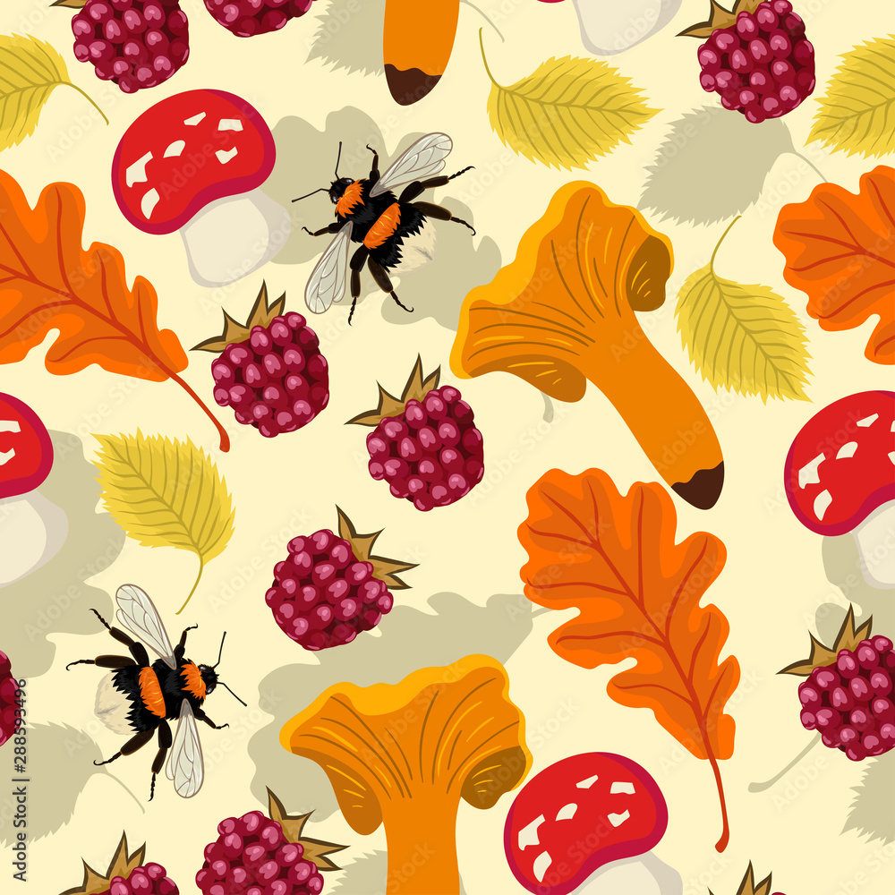 Seamless autumn pattern with mushrooms, berries, leaves, bumblebees. Vector graphics.
