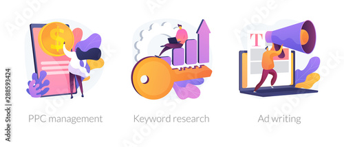 Content marketing and SEO copywriting flat icons set. Internet advertising and blogging. PPC management, Keyword research, Ad writing metaphors. Vector isolated concept metaphor illustrations
