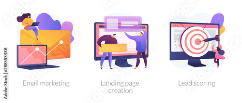 Web design and targeted advertisement flat icons set. Newsletter digital promotion. Email marketing, landing page creation, lead scoring metaphors. Vector isolated concept metaphor illustrations