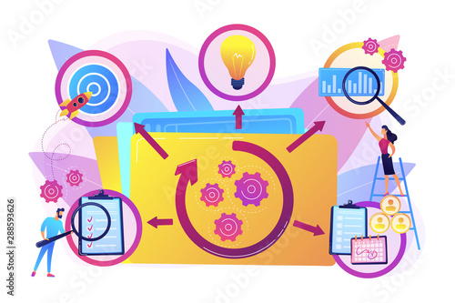 KPI and task management. Workflow optimization. Project life cycle, successful project management, stages of project completion concept. Bright vibrant violet vector isolated illustration