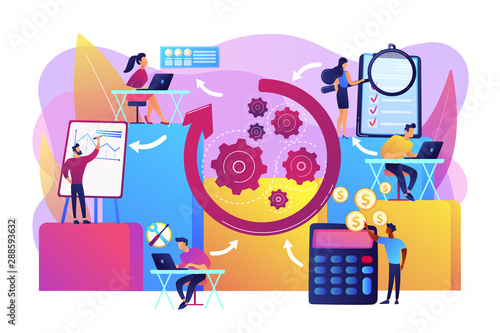 Workforce organization and management. Workflow processes, workflow process design and automation, boost your office productivity concept. Bright vibrant violet vector isolated illustration