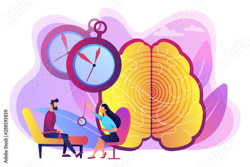 Hypnotherapy session, subconscious research. Psychiatrist assistance. Hypnosis practice, altered state of mind, hypnosis treatment services concept. Bright vibrant violet vector isolated illustration