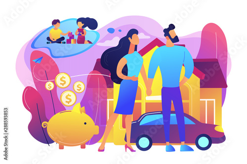 Husband and wife, couple dreaming about children. Traditional values. Family planning, family health services, prepare to become parents concept. Bright vibrant violet vector isolated illustration