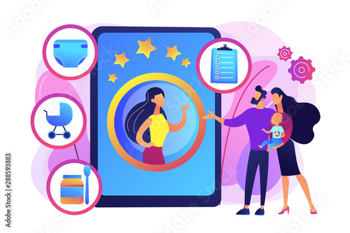 Couple with infant, parents choosing professional babysitter. Babysitting services, personal childcare services, hire a reliable sitter concept. Bright vibrant violet vector isolated illustration