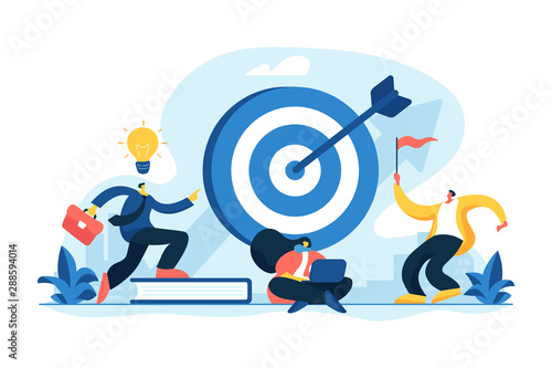 Aim achievement. Business motivation. Finance target. Solution searching. Goals and objectives, business grow, business plan, goal setting concept. Vector isolated concept creative illustration