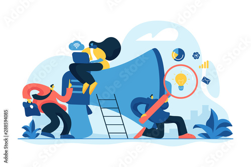Partners cooperation. Colleagues coworking. Digital marketing team, success metrics, marketing team lead, team responsibilities concept. Vector isolated concept creative illustration