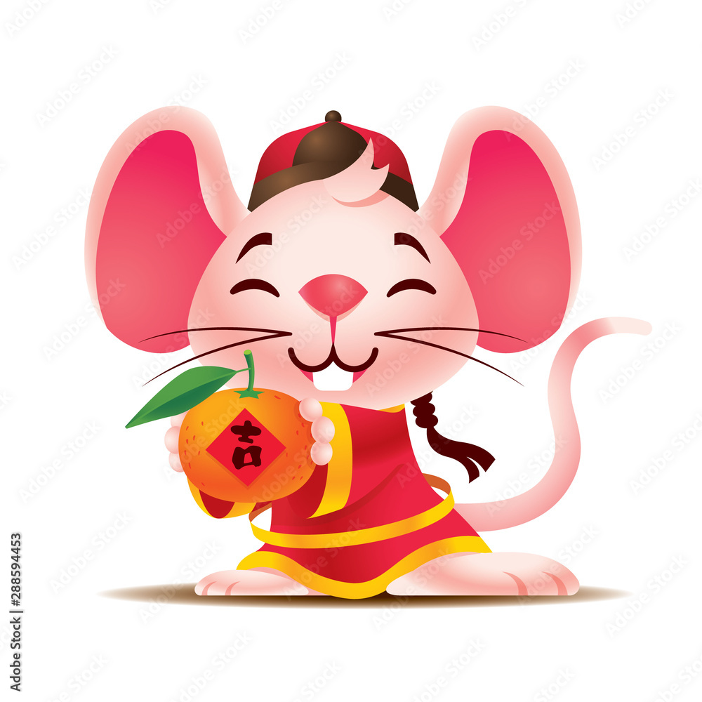 Cartoon cute white rat with big ears wears traditional Chinese jacket