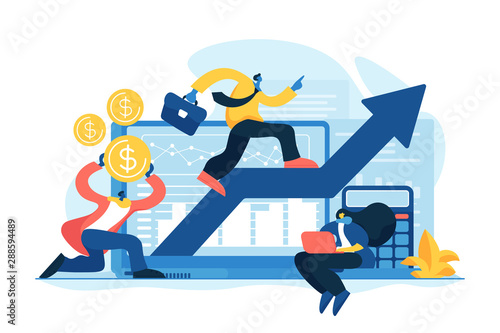 Stock trading, income growth. ROI, investment increasing. Business profits calculation. Demand planning, demand analytics, digital sales forecast concept. Vector isolated concept creative illustration