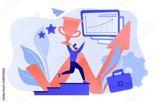 Businessman with trophy runs up stairs and growth chart. Business success, leadership, business assets and planning concept on white background. Living coral blue vector isolated illustration