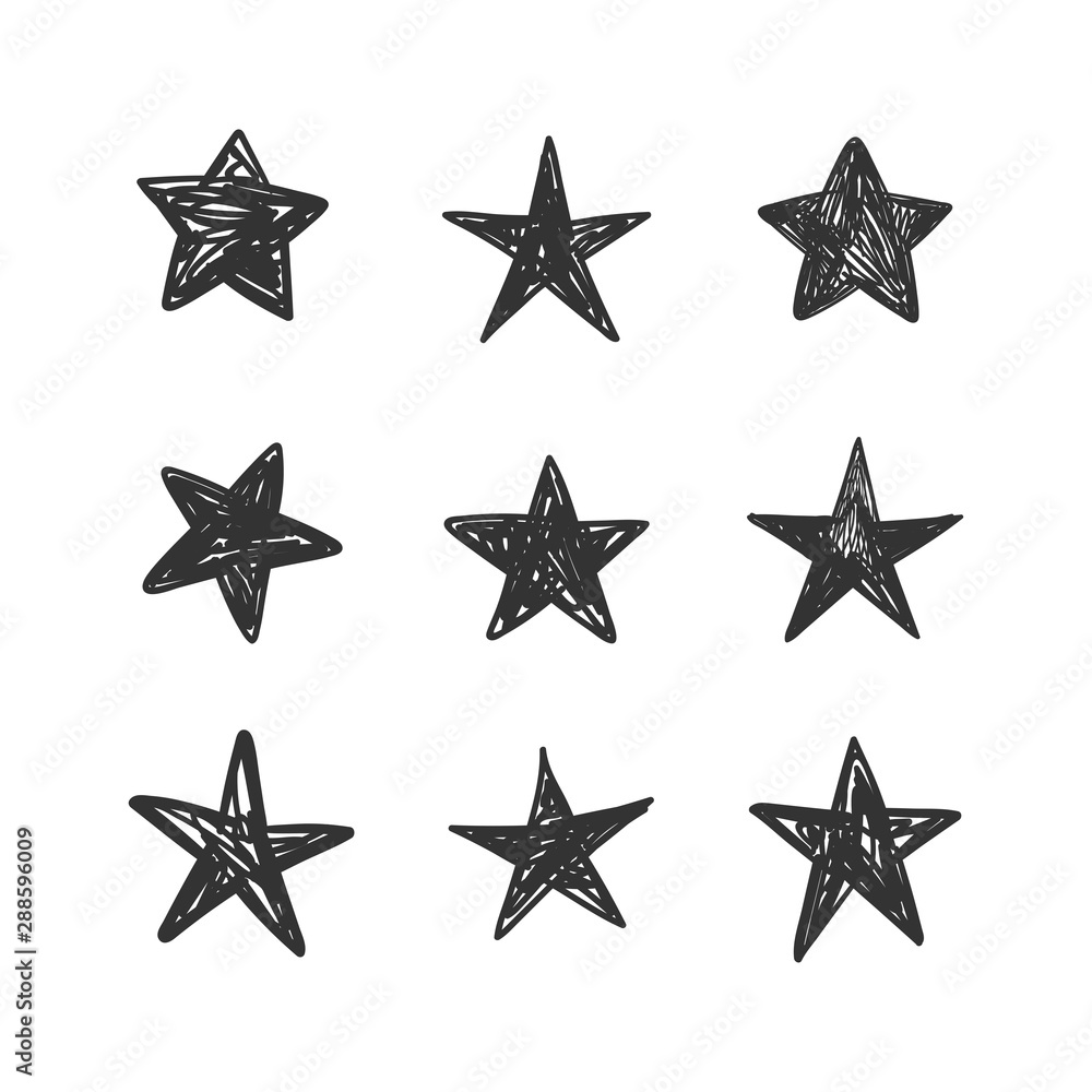 Fototapeta premium Star doodles collection. Set of hand drawn stars. Ink cartoon illustrations.