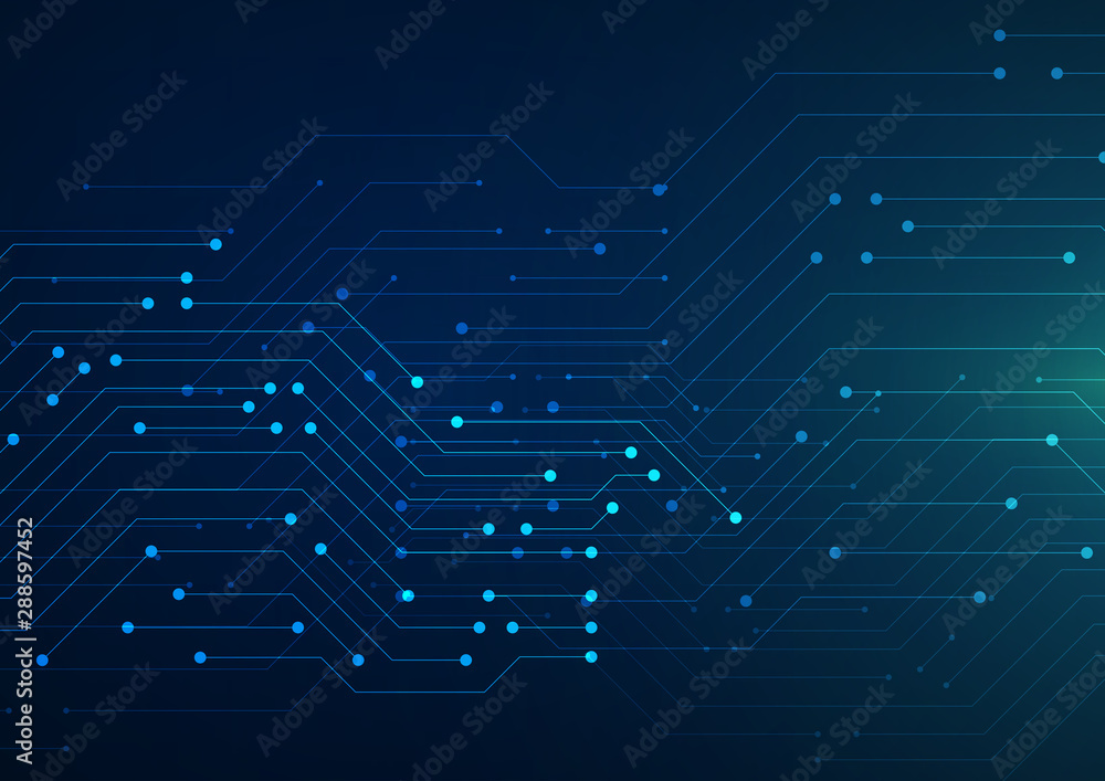 Circuit board. Abstract blue background with dots and lines 