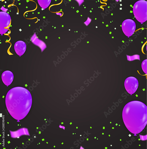 Happy Birthday Backgrounds Grand opening ceremony vector banner. Realistic glossy balloons, confetti