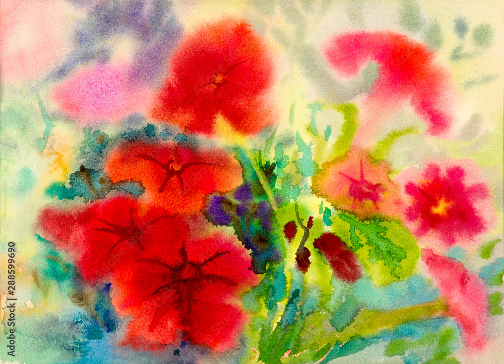Abstract watercolor painting red color of petunia flowers