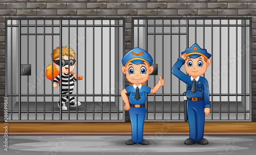 Prisoner in the jail being guarded by prison guards