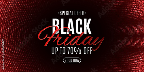 Black friday banner. Halftone pattern and stylish lettering. Red glitter. Grand seasonal sale. Poster for your design. Vector illustration
