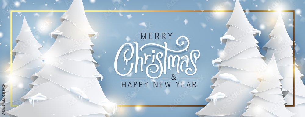 Merry Christmas and Happy New Year background for Greeting cards with christmas tree landscape and snowing paper art style.Merry Christmas vector text Calligraphic Lettering Vector illustration. - obrazy, fototapety, plakaty 