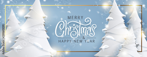 Merry Christmas and Happy New Year background for Greeting cards with christmas tree landscape and snowing paper art style.Merry Christmas vector text Calligraphic Lettering Vector illustration.