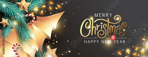 Merry Christmas and Happy New Year background for Greeting cards with tree Branches christmas tree gold paper and gold stars.Merry Christmas vector text Calligraphic Lettering Vector illustration.