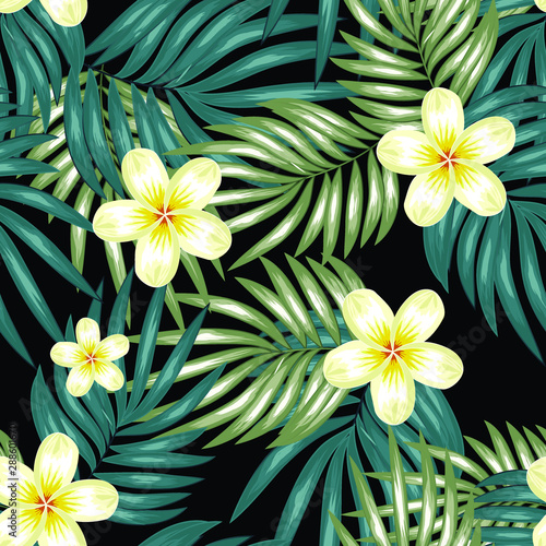 Tropical seamless pattern with palm leaf and plumeria flower