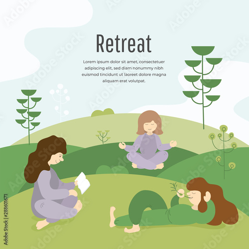 Vector illustration of three girls in retreat tour, reading, meditating, lying on green grass, uses a technique mindfulness. Yoga, retreat weekend. Group of people relax in nature. Template for banner