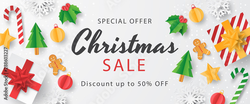 Christmas sale banner with christmas element on white background. Papercut style. Vector illustration