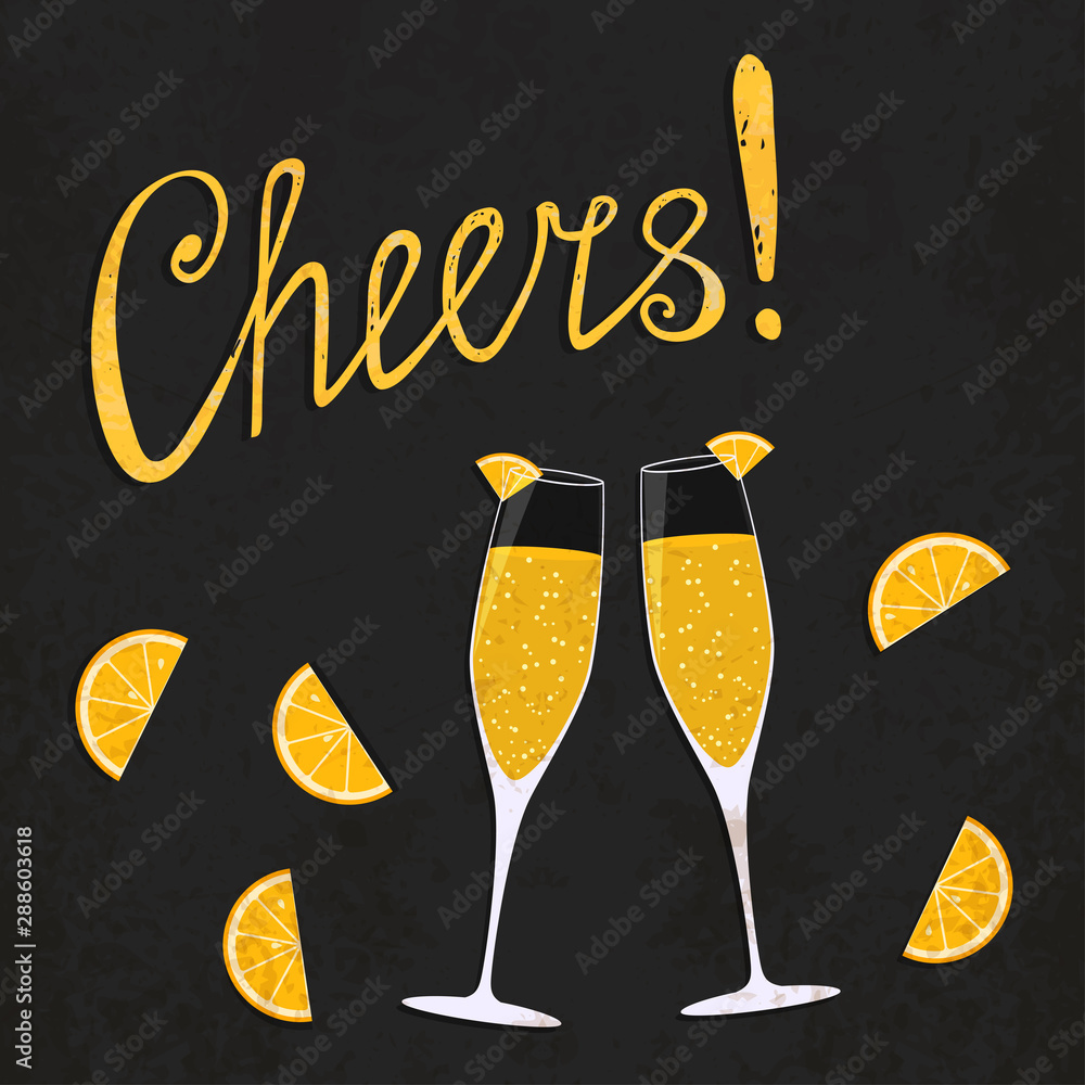Vector toasting mimosa cocktail glasses with orange slices. Retro style  poster. Vintage illustration of stemwares with classic cocktail and hand  written text sign "Cheers!" for your own projects. Stock Vector | Adobe