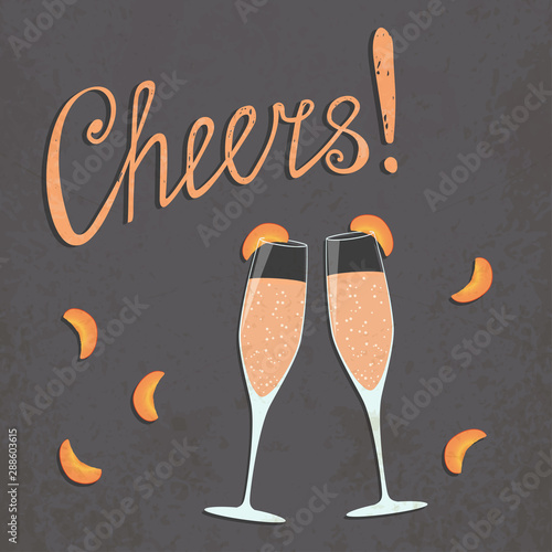 Vector toasting Bellini cocktail glasses with peach slices. Retro style poster. Vintage illustration of classic cocktail with fruits and hand written text sign "Cheers!" for your own projects.