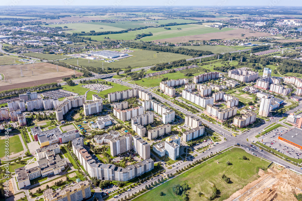 apartment buildings in a residential neighborhood on a sunny day in Minsk, Belarus. aerial view