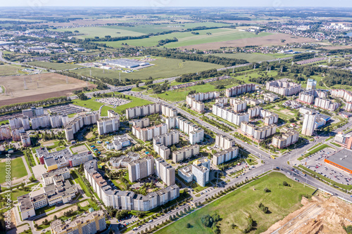 apartment buildings in a residential neighborhood on a sunny day in Minsk, Belarus. aerial view