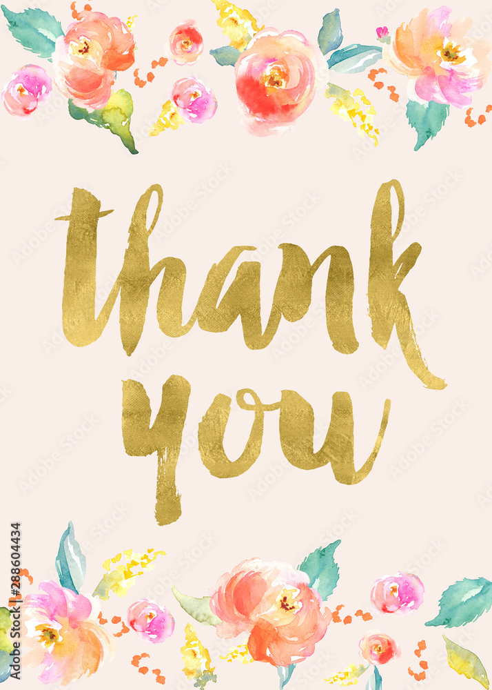 Cute Watercolor Flowers Art Print with Thank You Card Text Stock ...