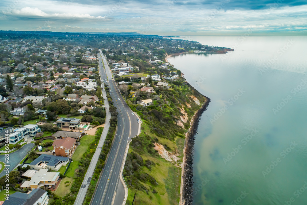 Aerial view of Olivers Hill luxury houses along scenic coastline in Melbourne, Australia