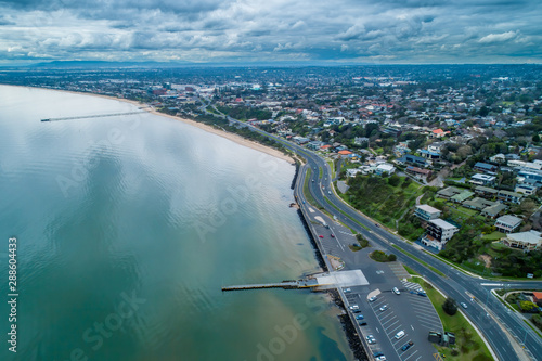 Aerial view of Frankston suburb coastline on overcast day in winter. Melbourne, Victoria, Australia