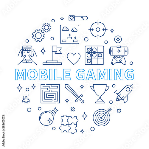 Mobile Gaming vector concept round illustration in outline style