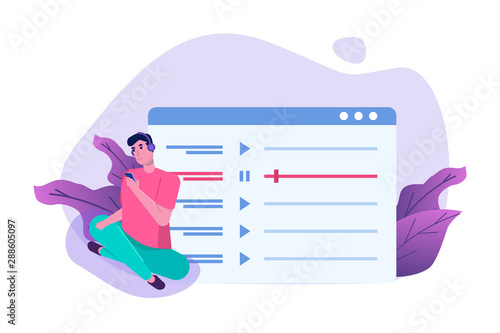 Internet online radio streaming, music applications,  playlist online podcast concept. Vector illustration.