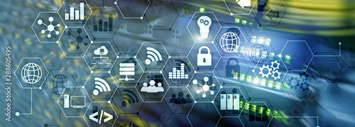 ICT - information and telecommunication technology and IOT - internet of things concepts. Diagrams with icons on server room backgrounds. © Funtap