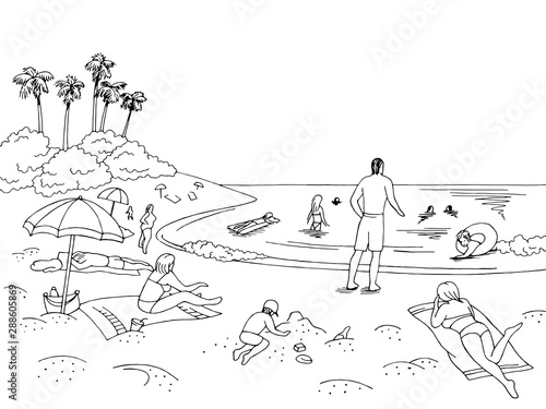 Sea coast beach graphic black white landscape sketch illustration vector
