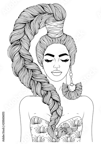 Vector drawn of a young girl with eyes closed with a densely braided high tail voluminous and long pigtail. Fashionable model with bare shoulders in a bra with a print of a flower lily and big earring