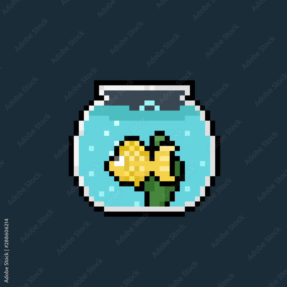 Pixel art cartoon goldfish in a jar.8bit. Pixel art cartoon goldfish in a jar.8bit.