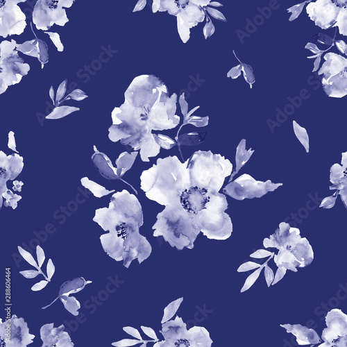 Indigo Blue Watercolor Flower Wallpaper Background. Seamless Floral Pattern. Blue Flower Background