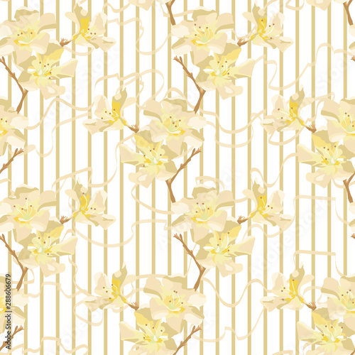 Natural colored striped floral vector seamless pattern. Hand drawn abstract oleander flowers and curly ribbon on white background. Softness Ornate template for design, textile, wallpaper, wrapping.