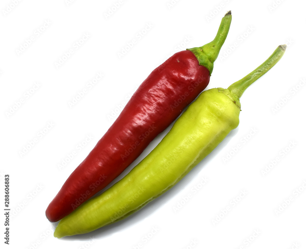 Red and green pepper on a white background