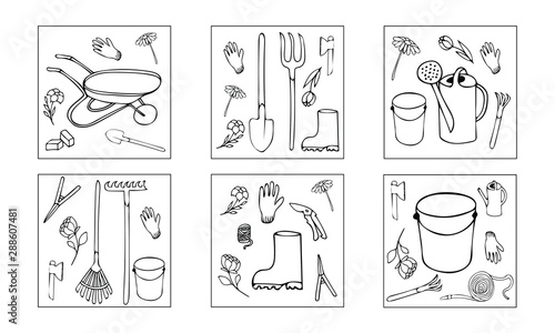 Hand drawn coloring book 'garden tools'. Vector illustration. EPS 10